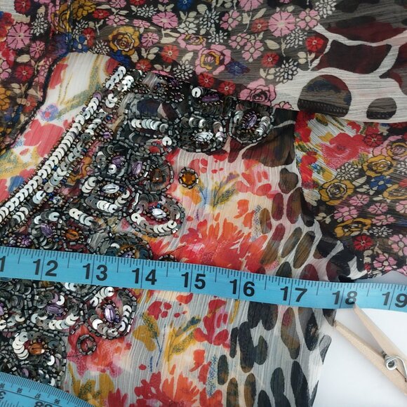 Vintage Y2K Top Medium Sheer Flowy Romeo Juliet Couture Multi Print Silky Sequin - Picture 12 of 16